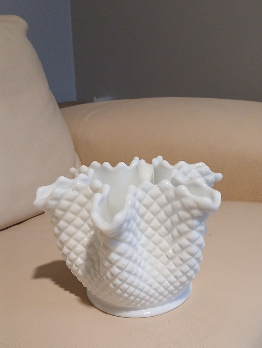 Westmoreland English, White Hobnail, Milk Glass, Ruffled Vase